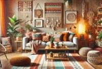 Dunkles Boho-Wohnzimmer Mit Geschmackvoller Wandkunst Dunkles Boho-Wohnzimmer Mit Geschmackvoller Wandkunst